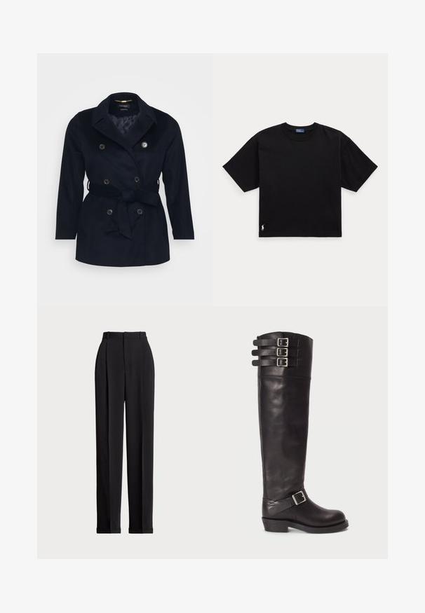 Navy zila dubultā krūšu mētelis ar iedziļinātu apkakli, piesietu jostu, divām priekšējām kabatām un metāla pogām. Mīksta auduma ar gludu iekšējo odere.; Melnā kokvilnas t-krekls ar īsām piedurknēm, apaļu kaklu un mazu baltu logo apakšējā kreisajā stūrī. Klasisks, taisnstūrveida piegriezums ar minimālu detaļu skaitu.; Melnas piegriezuma bikses ar augstu jostasvietu, priekšā ar krokām, taisna kāju dizains un ar aprocēm. Izgatavotas no gludas auduma.; Melnas ādas līdz ceļiem nēsājamās zābaki ar noapaļotu purngalu, trīs siksniņu sprādzēm augšpusē un sānu sprādzi. Plakanā zole un gluda tekstūra.