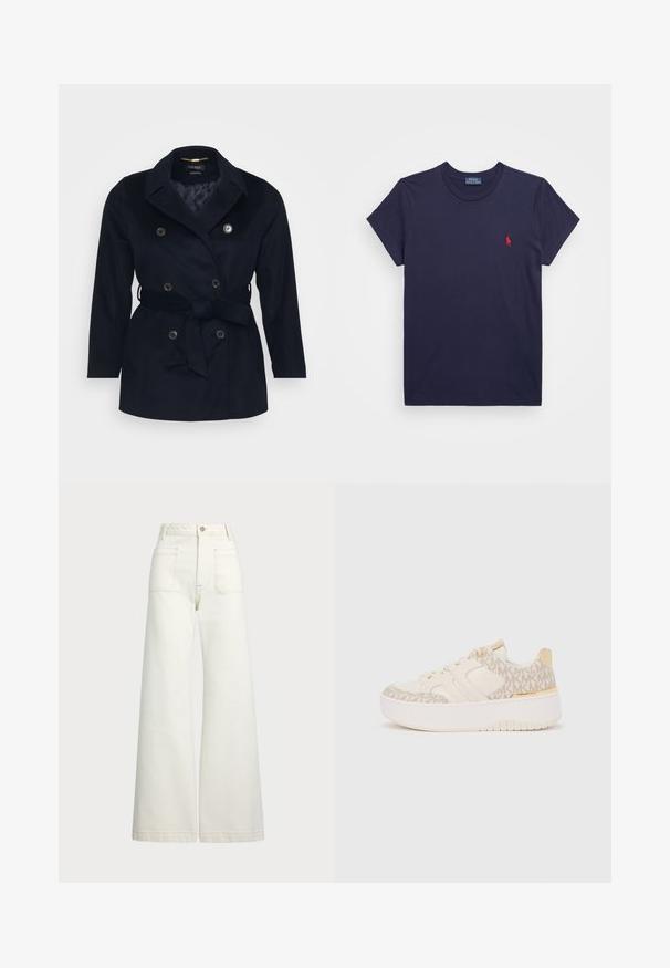 Sötétkék, dupla soros kabát, kivágott gallérral, megkötős derékkal, két elülső zsebbel és fémből készült gombokkal. Puha anyag sima belső béléssel.; Sötétkék pamut póló rövid ujjakkal és kerek nyakkivágással. Bal mellen egy kis piros hímzett logó található.; Széles szárú farmernadrág off-white denim anyagból. Magas derekú dizájn, gombos záródással, két elülső zsebbel és kontrasztos varrási részletekkel.; Krém színű sportcipő dekoratív MK mintával, kontrasztos fehér talppal és arany díszítésekkel. Texturált anyagból és lapos fűzővel készült.