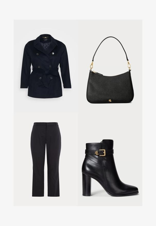 Navy zila dubultā krūšu mētelis ar iedziļinātu apkakli, piesietu jostu, divām priekšējām kabatām un metāla pogām. Mīksta auduma ar gludu iekšējo odere.; Balta pieguļoša blūze ar kuģa kaklu, īsām piedurknēm ar apmali un gludu, mīkstu audumu. Vienkāršs dizains bez rakstiem vai rotājumiem.; Melni bikses ar pielāgotu piegriezumu, izgatavotas no gludas auduma, ar vidēju vidukli un taisnu kāju griezumu. Nav redzamu kabatu vai rotājumu.; Melnas ādas potītes zābaki ar spīdīgu apdari, ar norādītu purngalu un zelta sprādzi uz siksnas. Arī ir augsta sakrauta papēža īpašības.; Melna ādas rokassoma ar strukturētu dizainu, kas aprīkota ar rāvējslēdzēju, noņemamu siksnu un zelta aparatūras akcentiem.; Zeltītu mezgla auskari ar vērptu dizainu. Katrs auskaru pāris ir aprīkots ar apaļu caurspīdīgu atbalstu drošai nēsāšanai.