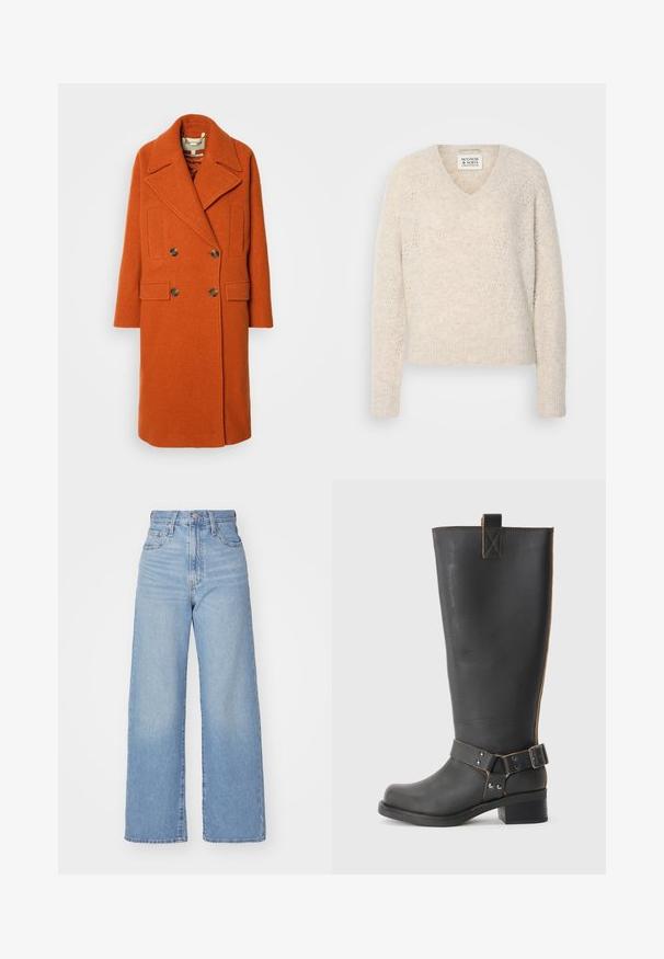 Casaco de lã laranja de dois bolsos, com lapelas largas, duas bolsas frontais e botões em tom dourado. Tecido texturizado e ajustamento relaxado.; Sweater de manga longa em bege claro com decote em V, apresentando um padrão de malha texturizada com motivos de diamante e punhos e barra canelados.; Jeans de cintura alta e perna larga em azul claro, com fecho frontal de botão e zíper, bolsos frontais e traseiros, sobre um fundo branco.; Bota preta de couro até ao joelho com um acabamento texturizado, apresentando um detalhe de fivela lateral e um salto baixo. Costura detalhada ao longo das costuras.