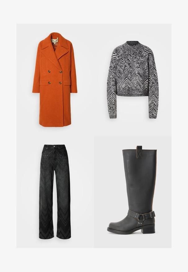Dvojhmotný oranžový vlněný kabát s širokým zářezovým límcem, dvěma předními kapsami a zlatými knoflíky. Texturovaná tkanina a volný střih.; Kratký svetr v černobílé barvě s chevron vzorem, má dlouhé rukávy a kulatý výstřih. Texturovaná pletenina.; Široké černé džíny s texturou ve tvaru cik-cak. Vyrobeny z denimu, mají zapínání na knoflík a dvě přední kapsy.; Černé kožené vysoké boty po kolena s texturovaným povrchem, které mají boční kovovou sponu a nízký podpatek. Podrobné šití podél švů.