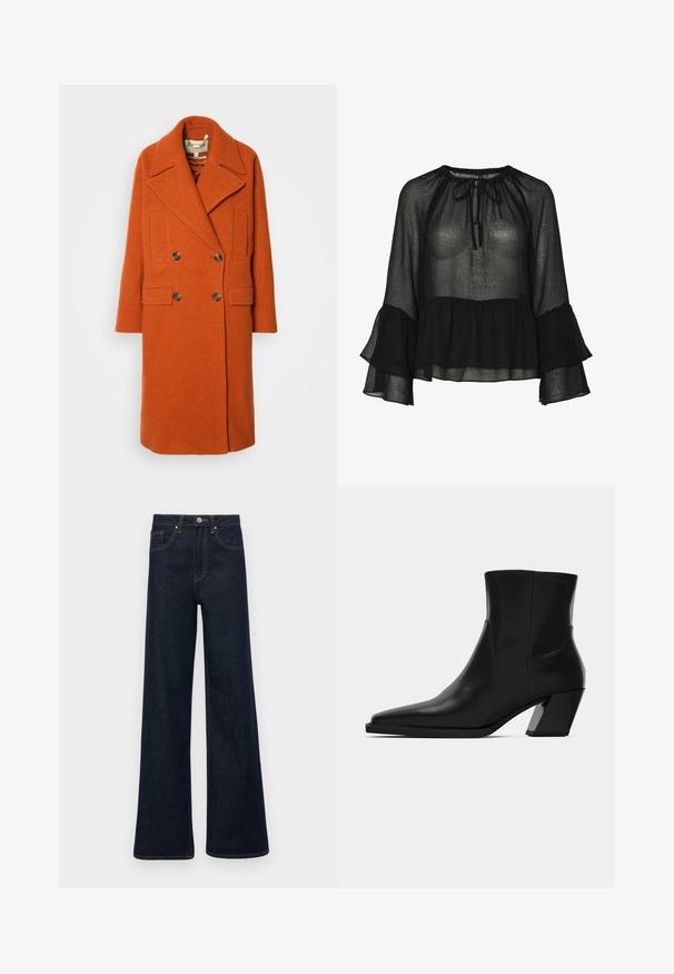 Kétgombos narancssárga gyapjù kabát széles, élöltött gallérral, két elülső zsebbel és aranyszínű gombokkal. Texturált anyag és laza fazon.; Fekete átlátszó blúz gyűjtött nyakkivágással, megkötős részlettel és harangujjakkal. Réteges fodros szegéllyel és texturált anyaggal rendelkezik.; Sötétkék, bársonydzsemka széles lábú farmernadrág elülső zsebekkel, övhurkokkal és gombos zárással.; Fekete bőr bokacsizma hegyes orral, elegáns sziluettel és vastag négyzetes sarokkal. Simább textúrájú, minimális varrási részletekkel.