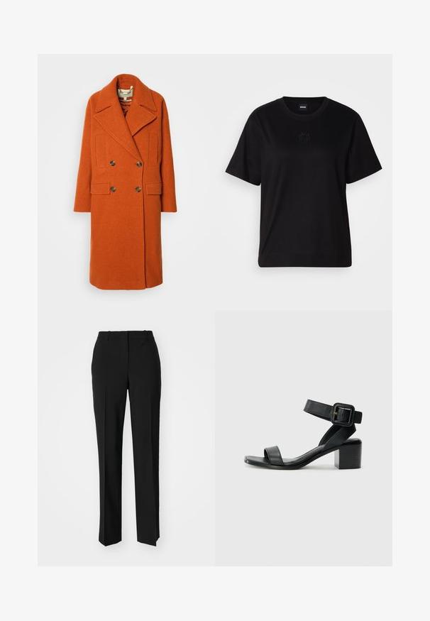Palton din lână portocalie, cu croială dublă, având un guler lat cu decupaj, două buzunare frontale și nasturi de culoare aurie. Material texturat și croială relaxată.; T-shirt negru din bumbac, cu guler rotund, mâneci scurte și un logo brodat pe piept. Design simplu, cu o croială relaxată și fără modele.; Pantaloni negri tailor-ed cu un design drept, având o textură fină și cute clare pe față. Fără elemente de prindere vizibile.; Sandale cu toc din piele neagră, cu bareta de gleznă ajustabilă, design cu vârf deschis și toc pătrat. Textură netedă, stil minimal.