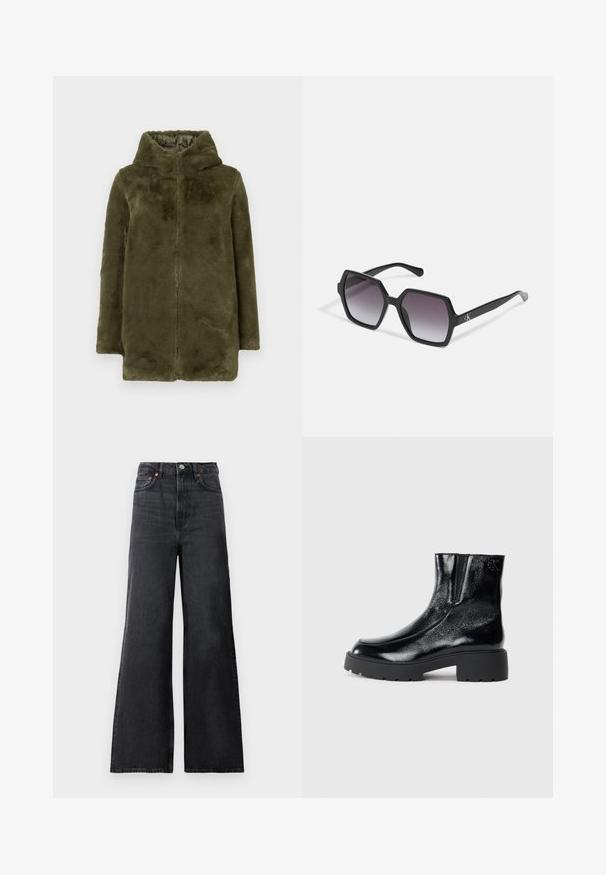 Olive green faux fur hooded coat with long sleeves and front zipper closure, displayed against a plain background.; White cotton t-shirt with short sleeves, round neckline, and a relaxed fit. Smooth texture, no patterns or accents, minimalistic design.; Black denim flared jeans with a high waist, featuring a metal button closure, front pockets, and subtle fading on the fabric.; Black ankle boots with a glossy patent leather finish, chunky black rubber sole, and raised heel; includes subtle logo detail on the side.; Black hexagonal sunglasses with gradient lenses, featuring a glossy finish and subtle branding on the temple. Durable plastic construction.