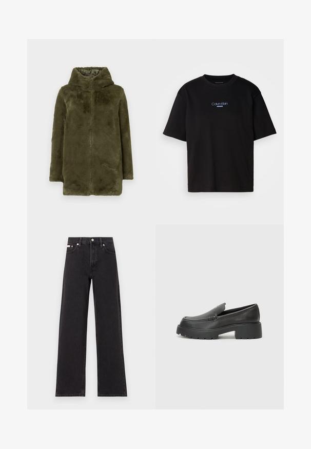 Olivově zelený kabát z umělé kožešiny s kapucí, dlouhými rukávy a předním zipem, vystavený na jednobarevném pozadí.; Černé bavlněné tričko s kulatým výstřihem a krátkými rukávy, s modrou vyšitou nášivkou "Calvin Klein JEANS" na přední straně.; Černé široké jeansy vyrobené z denimu, s vysokým pasem, pěti kapsami a kovovým zapínáním s kontrastním prošíváním.; Černé kožené mokasíny s okrouhlou špičkou, silnou strukturovanou podrážkou a minimálními detaily šití. Elegantní design bez viditelných tkaniček nebo kovových prvků.