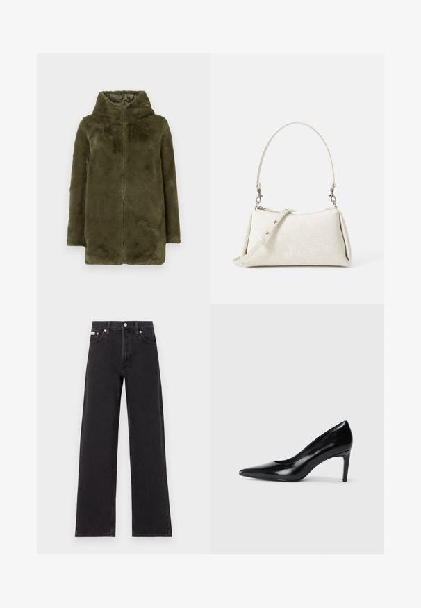 Zelena olivna plašč s kapuco iz umetnega krzna, dolgih rokavov in sprednjim zadrgo, prikazana na enobarvni podlagi.; Črna kratka majica s kratkimi rokavi, izdelana iz mehkega blaga, z okroglim izrezom in nagubanjem na levi strani za subtilno teksturo.; Črne široke jeans hlače iz denima, s poudarjenim pasom, petimi žepi in kovinskim gumbom za zapiranje ter kontrastnim šivanjem.; Črna usnjena črna čevlja na visokem petu z zašiljenim prstom, gladko teksturo in zoženim peto. Minimalističen dizajn, brez dodatnih okraskov.; Bela torbica iz usnjene teksture, s kovatno silhueto in nastavljivim naramnicam. Ima subtilen vzorec logotipa in srebrne okrasne detajle.