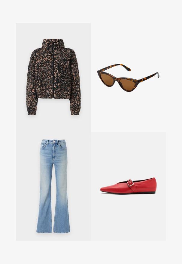 Lühike jakk pehme musta ja pruuni leopardimustriga fliisist, millel on kõrge krae, täispikk lukk ja soonikkoes mansetid.; Hallide, lühikese lõikega hall sviiter, mis on valmistatud tekstuuriga kangast. Omab kõrget kaelust ja kahte esist taskut ning on lõdva istuvusega. Pikkade varrukatega.; Heledad sinine flared teksapüksid, millel on kõrge vöökoht, viie tasku disain ja peen gradiseeruv hägusus alates hemist.; Punane nahast lameda tallaga king, millel on terav nina, külje peal rihm metallklambriga ja madal must konts. Ühtlane sile tekstuur.; Kassi vormiga prillid musta ja oranži kilpkonnakujulise raami, pruunide läätsede ja elegantsete teravate otstega. Templi juures on minimaalne logo.; Hõbedased rõngaskõrvarõngad keerutatud disainiga, millel on poleeritud viimistlus ja posti-tagune sulgemine. Diameeter umbes 3 cm.