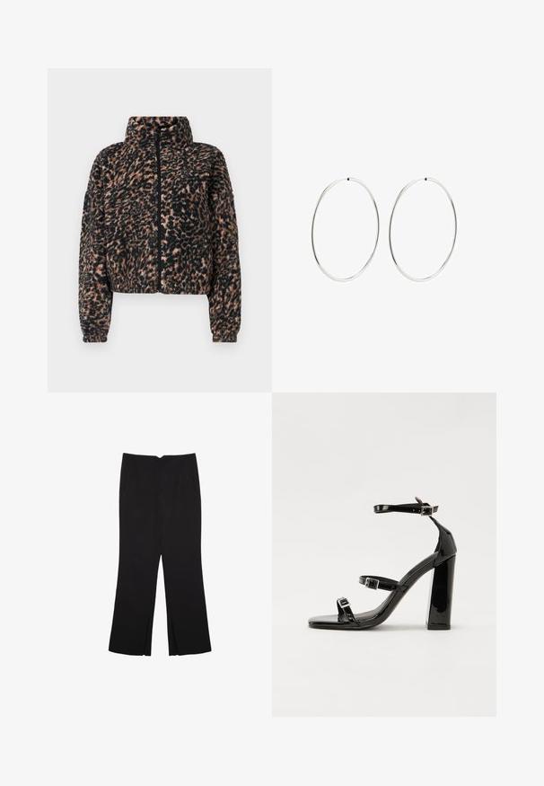 Gekürzte Jacke aus weichem schwarzen und braunen Leopardenmuster-Fleece, mit hohem Kragen, vollem Reißverschluss und gerippten Bündchen.; Schwarzes Kurzarmoberteil aus glattem Stoff; hat einen drapierten Ausschnitt und einen asymmetrischen Saum, mit einem figurbetonten Körper.; Schwarze Hose mit geradem Schnitt, ausgestattet mit Fronttaschen und Seitenschlitzen am Saum. Hergestellt aus weichem, glattem Stoff. Geeignet für verschiedene Anlässe.; Schwarze patentierte Sandalen mit Absatz, quadratischer Spitze, Knöchelriemen und silbernen Schnallen. Mit einem stabilen Blockabsatz für mehr Stabilität.; Silberne Creolen mit einem glatten, runden Design und einer polierten Oberfläche. Sie sind dünn und leicht und verfügen über einen einfachen Verschluss.