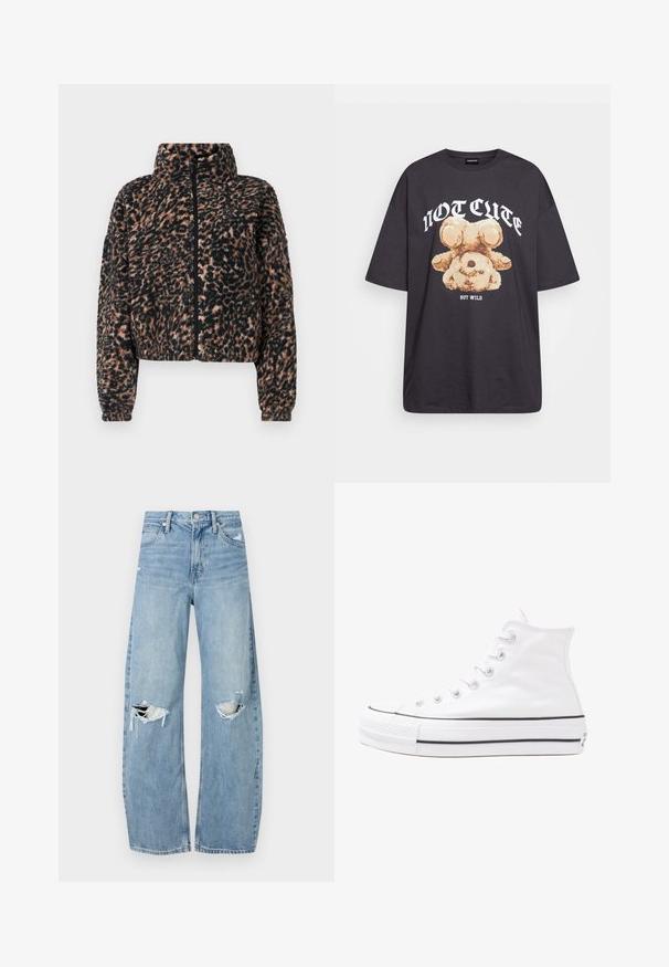 Giacca corta in morbido pile con stampa leopardata nera e marrone, dotata di alto collo, zip completa e polsini a costine.; T-shirt nera oversize con una grafica di un orso e la scritta "NON CARINA MA SELVAGGIA" in grassetto, lettere bianche. Materiale in cotone.; Jeans azzurri chiari a vita alta realizzati in denim. Presentano gambe larghe, due aree strappate sulle ginocchia e il classico styling a cinque tasche.; Sneaker alta in tela bianca con suola in gomma nera, punta in gomma frontale e sei asole per i lacci, caratterizzata da un design pulito e minimalista.