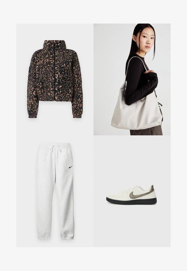Afskåret jakke i blødt sort og brunt leopardprint fleece, med høj krave, fuld lynlås og ribbede cuffs.; Sæt af tre kortærmede t-shirts i sort, grå og hvid. Fremstillet af bomuld, har en rund hals og et enkelt, ensfarvet design.; Grå sweatpants lavet af et blødt stof, med en elastisk talje og snøre samt et lille sort Nike-logo på venstre lår.; Nike Sportswear FIELD GENERAL - Sneakers - off-white/black; Beige håndtaske lavet af blødt materiale med et slouchy design, stikninger og to skulderremme. Velegnet til daglig brug.