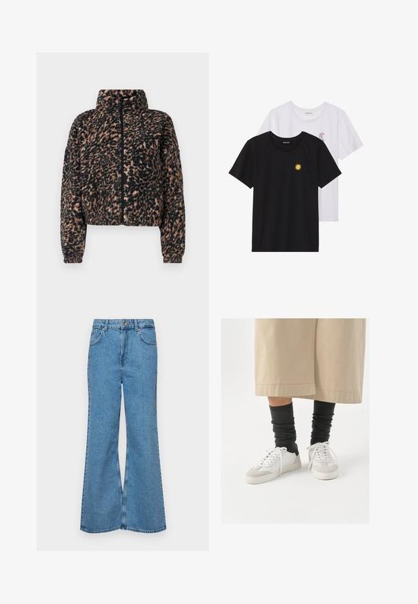 Korte jas in zacht zwart en bruin luipaardpatroon fleece, met een hoge kraag, volledige rits en geribde manchetten.; Zwart-witte T-shirts, ronde hals, korte mouwen. Het zwarte shirt heeft gele zon-geborduurde details; het witte shirt heeft een purperen halve maan accent.; Lichtblauwe flared jeans van denim, met een hoge taille, vijf zakken en een enkele knoopsluiting. Zachte textuur met een vervaagde afwerking.; Witte en grijze sneakers met een zwarte hielaccent, voorzien van een glad leren bovenwerk en een getextureerde suède neus. Draag ze met donkergrijze slouchy sokken.