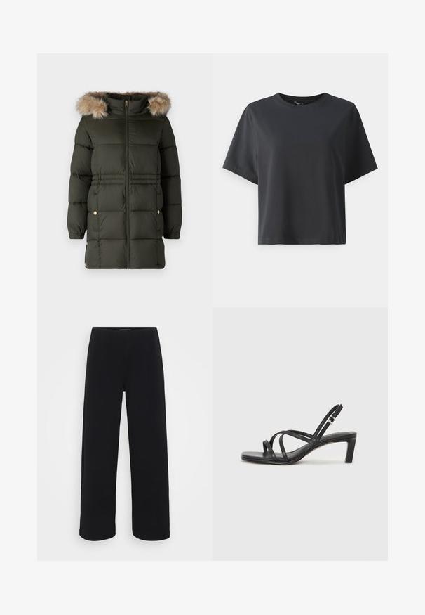 Vero Moda Petite VMPINAR COAT - Geacă - dark green; Tricou negru din bumbac, mâneci scurte, guler rotund, croială lejeră, textură netedă, design simplu, fără modele sau accente.; Pantaloni negri cu picior larg, având un baret elastic. Confecționați dintr-un material texturat, cu un croi lejer și linie dreaptă de la șolduri până la tiv.; Sandal cu barete negre, cu vârf pătrat și toc mic de bloc. Prezintă mai multe barete subțiri și o bareta ajustabilă la gleznă. Fabricat din piele netedă.