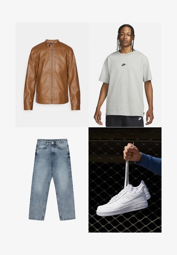 Brown leather jacket with a stand collar, front zipper closure, smooth texture, and minimalist design. No visible hardware or patterns.; Young person with braided hair wearing a light gray Nike T-shirt and black Nike shorts against a plain white background.; Light blue denim jeans with a straight leg cut, visible stitching, five pocket design, and a button closure at the waist.; White leather sneakers with perforations, round toe, flat sole, and thick laces, featuring a visible swoosh logo and "AIR" on the heel.