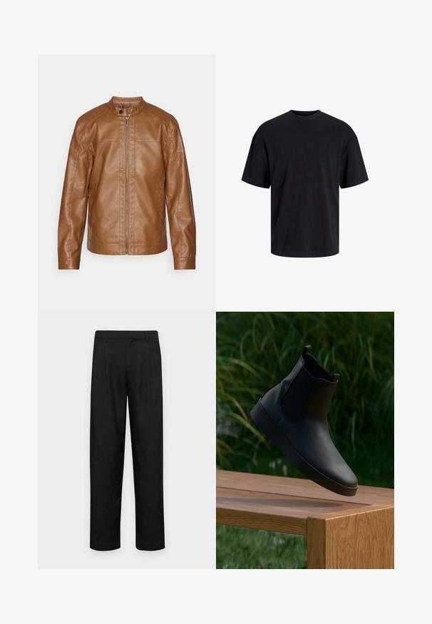 Smeđi kožni jakni s uspravnim ovratnikom, prednjim zatvaračem, glatkom teksturom i minimalističkim dizajnom. Nema vidljivih metalnih dijelova ili uzoraka.; Crna pamučna majica s okruglim izrezom, kratkim rukavima i opuštenim krojem. Glatka tekstura bez vidljivih uzoraka ili dekoracija.; Crne hlače od glatkog materijala, s dizajnom ravnih nogavica, dva prednja nabora i standardnim pojasom s petljama za remen.; Crne kožne gležnjače s elastičnim bočnim panelima, glatke teksture, okruglog vrha i ravnog potplata, postavljene iznad drvenog stola nasuprot zelenilu.