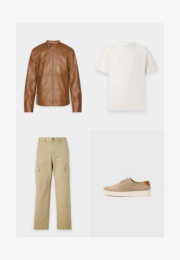 Brun läderjacka med ståkrage, framdragkedja, slät yta och minimalistisk design. Ingen synlig hårdvara eller mönster.; Vit t-shirt med kort ärm i ribbad struktur. Rund halsringning, löst sittande passform, inga synliga mönster eller detaljer. Enkelt och mångsidigt design.; Beige cargobyxor i bomull, med två sidofickor, knappstängning och raka ben i ett något texturerat tyg.; Beige mockasinsneakers med rund tå, snörning fram och texturerad bakaxel. Vit gummisula ger kontrast. Enkelt och modernt design.