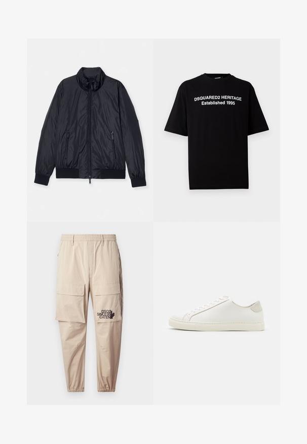 Giacca nera imbottita con colletto alto, chiusura frontale a zip e due tasche laterali con zip. Presenta polsini e orlo a costine. Texture liscia e lucida.; T-shirt nera a maniche corte in cotone con collo rotondo, con stampa bianca: "DSQUARED2 HERITAGE Fondata 1995" sul fronte.; Pantaloni cargo beige realizzati in tessuto leggero, dotati di vita elasticizzata, tasche con zip e un logo stampato sulla gamba sinistra.; Sneaker bianca in pelle con superficie liscia, punta rotonda e design minimalista. Presenta dettagli beige sul tallone e una suola in gomma.