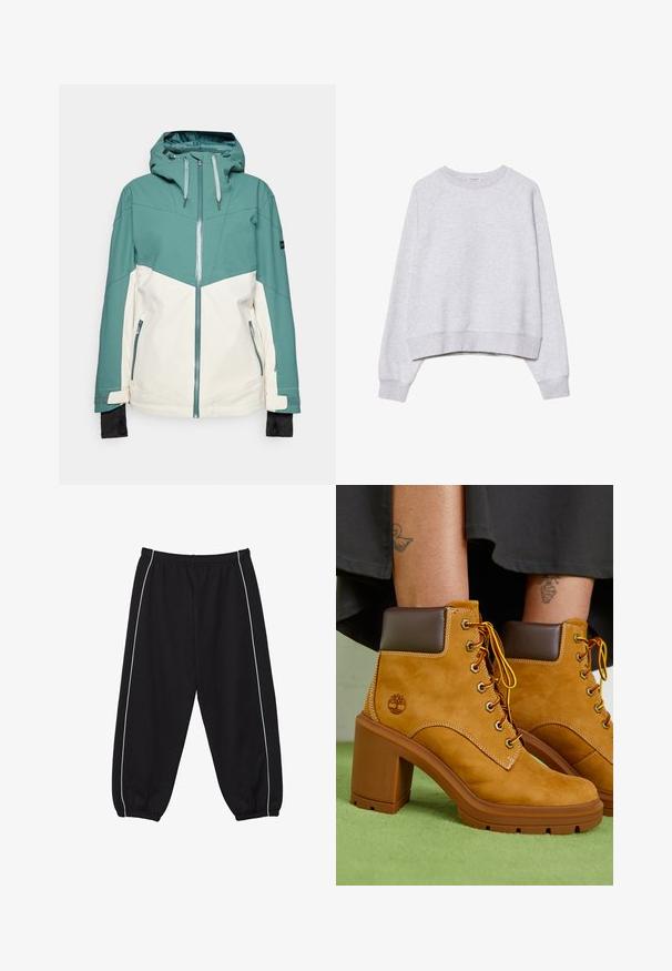 Giacca da sci color turchese e crema con chiusura a zip, cappuccio regolabile, tasche con zip e polsini elasticizzati. Tessuto morbido, resistente.; Felpa grigia cropped in tessuto morbido e texture. Presenta maniche lunghe raglan e polsini e orlo a coste. Design semplice e neutro.; Pantaloni jogger neri con vita elastica, caratterizzati da strisce laterali bianche e polsini arricciati alle caviglie. Realizzati in tessuto morbido e flessibile.; Stivaletti alla caviglia in suede beige con collare marrone, occhielli dorati e lacci gialli. Tacco spesso marrone e dettagli del logo sul lato.