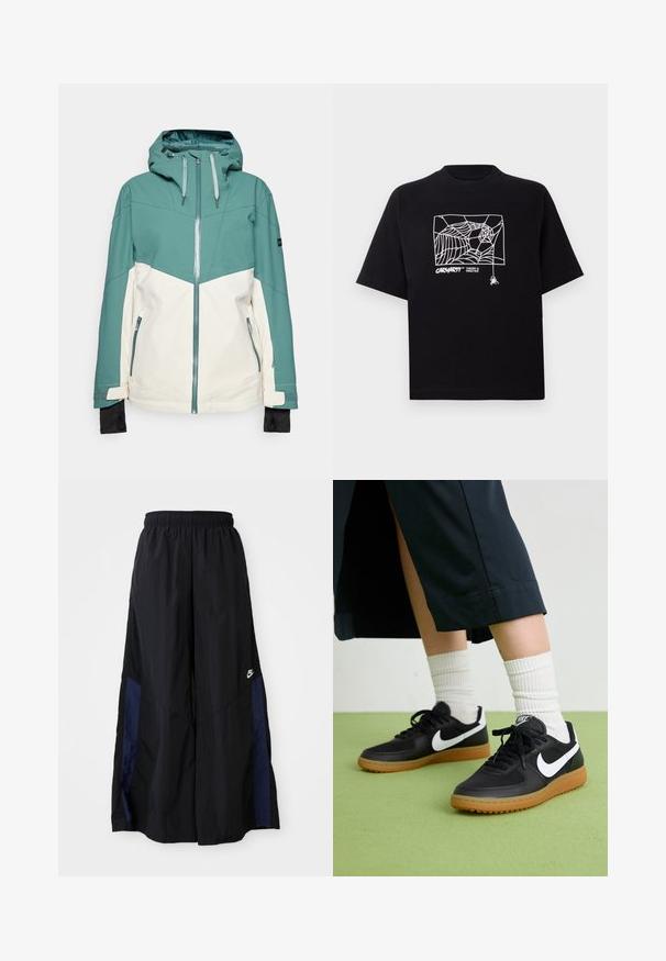 Mėlynai žalia ir kreminė slidinėjimo striukė su užtrauktuku priekyje, reguliuojama gobtuvu, užtrauktukais užsegamomis kišenėmis ir elastingais rankogaliais. Lygus paviršius, patvari medžiaga.; Juodas medvilnės marškinėliai su trumpomis rankovėmis. Priekyje yra balta voratinklio grafika ir logotipas. Paprastas apvalus iškarpymas.; Juodos plačios kojų kelnės, pagamintos iš lengvos medžiagos, su tamsiai mėlyna šonine juostele ir elastinga juosmens juosta. Maža balta logotipo etikete apačioje.; Juodos odinės ir sintetinių medžiagų sportbačiai su balta Nike swoosh, guminis padas, apvalus pirštas ir juodi raišteliai. Matomos banguotos baltos kojinės.