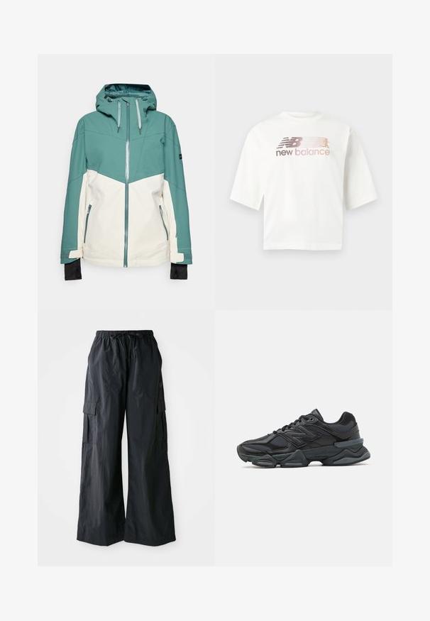 Tirkizna i bež skijaška jakna s patentnim zatvaračem sprijeda, podesivom kapom, džepovima na patentni zatvarač i elastičnim manžetama. Glatka tekstura, izdržljiv materijal.; Bijela majica kratkih rukava od pamuka, s logom u gradijentu ružičaste i sive boje, te tekstom "new balance" ispod logotipa.; Crne cargo hlače od lagane tkanine, s dizajnom širokih nogavica, elastičnim pojasom i nekoliko bočnih džepova. Jednostavne i funkcionalne.; Crne trkačke tenisice izrađene od kombinacije mrežastih i sintetičkih materijala, s debelim potplatom, zakrivljenim dizajnom i istaknutim brendom sa strane.