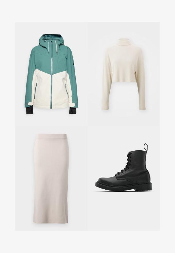 Mėlynai žalia ir kreminė slidinėjimo striukė su užtrauktuku priekyje, reguliuojama gobtuvu, užtrauktukais užsegamomis kišenėmis ir elastingais rankogaliais. Lygus paviršius, patvari medžiaga.; Trumpas megztinis su aukštu kaklu, pagamintas iš minkštos kreminės spalvos laminuotos medžiagos, su ilgomis rankovėmis ir laisvu siluetu, be matomų raštų ar akcentų.; Pinti pieštukų sijonas šviesiai sviesto spalvos, su giliu juosmeniu, siaura danga ir šoniniu plyšiu, leidžiančiu laisvai judėti. Minkšta tekstūra, minimalus dizainas.; Juodas odinis kovinis botas su apvalioms pirštams, šnerviniu priekiniu užsegimu ir užtraukiamu užtrauktuku prie kulkšnies. Ypatybė - storas guminis padas, užtikrinantis ilgaamžiškumą.