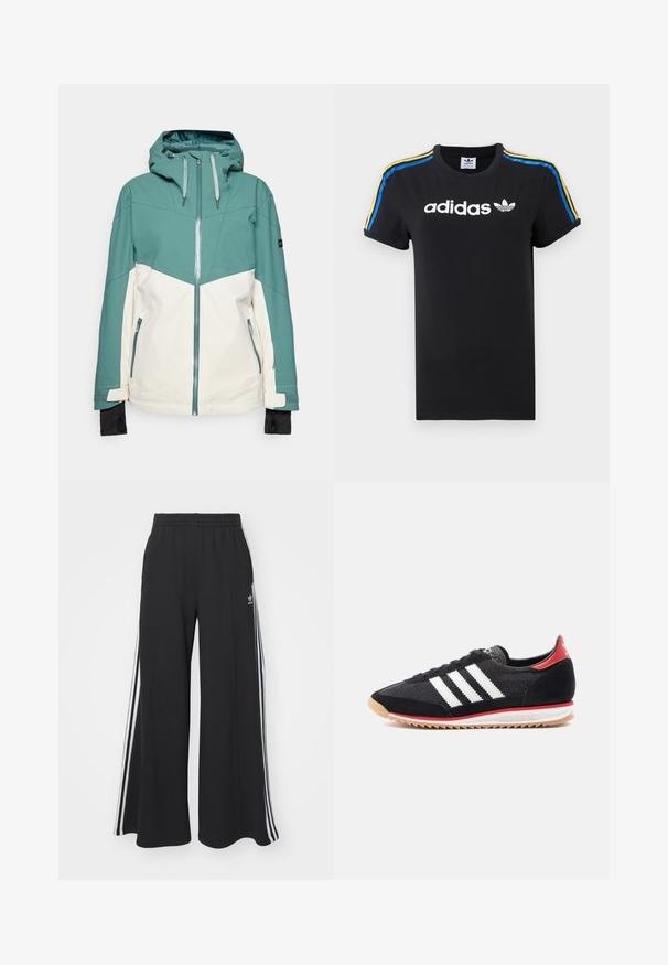 Tumesinine ja kreemjas suusajakk, millel on lukk ees, reguleeritav kapuuts, lukuga taskud ja elastsed mansetid. Sile tekstuur, vastupidav kangas.; Musthave mustalast T-särk, millel on üleskeeratud varrukad; esiküljel on valge Adidas logo ja õlavartel multivärvilised triibud (sinine, kollane ja punane).; Mustad laiad trenni püksid elastse vöökohtaga, millel on valged küljeribad ja tikitud logo vasakul reiel.; Mustad spordijalats valgete triipude, seemisnahast detailide ja punase kannaga. Võrgutekstuuriga ja kummist tallaosaga, millel on helepruun muster.