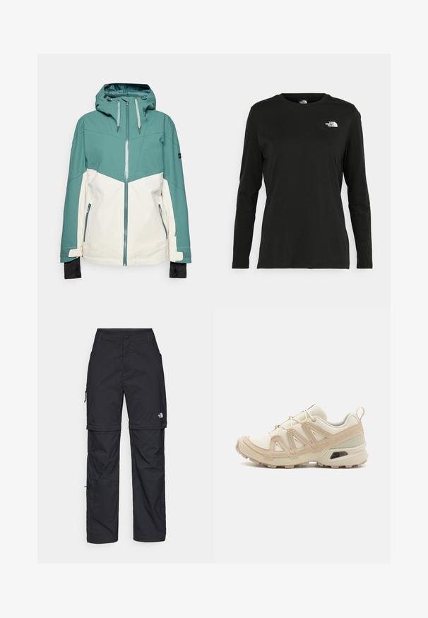 Teal in krema smučarska jakna z zadrgo na sprednji strani, nastavljivo kapuco, zadrgo zaklenjene žepi in elastičnimi manšeti. Gladka tekstura, trpežna tkanina.; Črna majica z dolgimi rokavi iz bombaža z okroglo izrezom. Ima majhen bel logotip na levem prsnem delu. Enostaven dizajn in prileganje.; Črne najlon hlače z zipom, ki se lahko odstranijo, s prilagodljivimi manšetami, več žepi in logotipom na desni nogi. Gladka, lahka tekstura.; Bež in krem športni čevlji z teksturiranim mrežastim zgornjim delom, podpornimi prekrivali in gumijastim podplatom z vzorcem za oprijem.