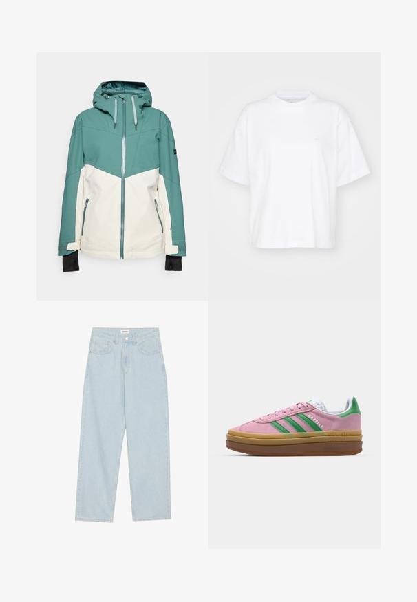Türkiz és krémszínű sídzseki cipzáros elülső részével, állítható kapucnijával, cipzáras zsebeivel és rugalmas mandzsettáival. Sima textúra, tartós anyag.; Fehér pamut póló kerek nyakkal, rövid ujjakkal és laza fazonnal. A bal mellrészen diszkrét logóval rendelkezik. Simább tapintású.; Világoskék, széles lábú farmernadrág, közepes derékkal, öt zsebbel és gombos záródással, vékony fémszínű akcentussal.; Rózsaszín zamákból készült sportcipő zöld csíkokkal, fehér díszítéssel és barna gumi talppal. Texturált anyaggal és logóval ellátott részletekkel az oldalon.
