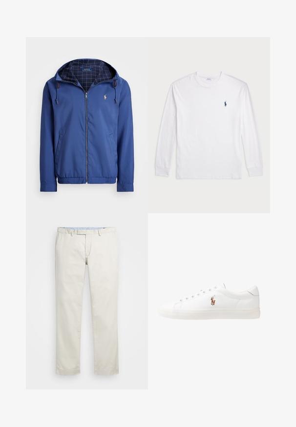 Μπλε νάιλον τζάκετ με κουκούλα, εμπρόσθιο φερμουάρ, ελαστικές μανσέτες και στρίφωμα. Ο εσωτερικός χώρος διαθέτει καρό σχέδιο. Μικρό λογότυπο στο στήθος.; Λευκό μπλουζάκι μακρυμάνικο από βαμβάκι. Διαθέτει στρογγυλή λαιμόκοψη, ριμπ μανσέτες και μικρό λογότυπο στη ναυτική μπλε απόχρωση στην αριστερή πλευρά του στήθους.; Μπεζ βαμβακερές chinos με επίπεδο μπροστινό μέρος, θηλιές ζώνης και πλάγιες τσέπες. Σχεδίαση ίσιων ποδιών με μαλακή υφή και ελαφριά, αναπνεύσιμη αίσθηση.; Λευκά δερμάτινα sneakers, χαμηλού σχεδιασμού, με απαλή υφή, στρογγυλή μύτη, δέσιμο μπροστά και μικρό κεντημένο λογότυπο στο πλάι.
