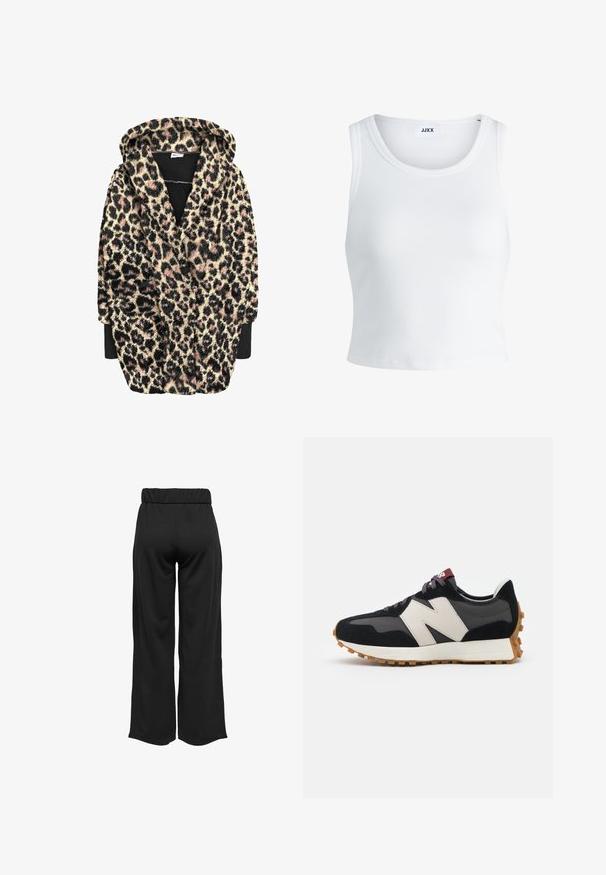 Rochie cu glugă cu imprimeu cu leopard, realizată dintr-un material moale și texturat, în nuanțe de negru, bej și roz. Include mâneci lungi și buzunare frontale.; Top alb cu detalii texturate, cu guler rotund, fără mâneci și lungime scurtă. Eticheta spune "JJXX." Textură de țesătură netedă.; Pantaloni negri, cu croi larg și talie elastică, realizați dintr-un material neted. Au un design simplu, fără buzunare sau detalii de cusătură vizibile.; Adidași din suede negru și gri cu un mare logo "N" de culoare crem, sireturi purpurii și o talpă din cauciuc texturat de culoare gumă.