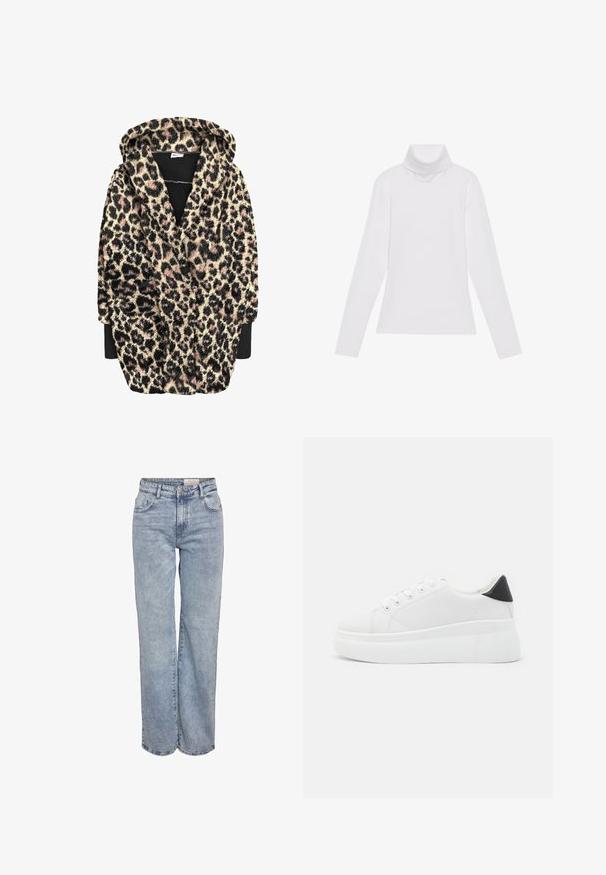 Ružičasta kućna haljina sa kapuljačom u šaru leoparda, izrađena od mekog i teksturiranog materijala u crnoj, bež i ružičastoj boji. Ima duge rukave i prednje džepove.; Bijela majica dugih rukava s rolificom izrađena od glatkog, rastezljivog materijala. Ima visoki ovratnik i uski kroj, bez vidljivih uzoraka ili ukrasa.; Svijetloplave široke traperice napravljene od denima, s visokim strukom, dizajnom od pet džepova i suptilnim izbljeđivanjem za izgled nošenih traperica.; Bijele platforme tenisice napravljene od glatkog sintetičkog materijala, s okruglim vrhom, dizajnom s vezanjem i teksturiranom gumenom potplatom. Crni detalj na peti.