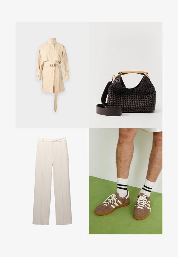 Bež plašč s pasom in visokim ovratnikom, dolgimi rokavi in zožanim pasom. Tkanina je gladka z oblikovano silhueto in z gumbom zaprtimi manšetami.; Kaotiko CREW PUPPIES UNISEX - Polo majica - beige; Široke hlače iz svetle bež tkanine z gladko teksturo. Imajo prilegajoč pas, sprednje vole in brez vidnih žepov.; Rjavi semiš športni čevlji z belimi detajli in vezalkami. Gumijast podplat. Nošeni z belimi nogavicami z črnimi črtami. Zelena teksturirana talna obloga.; Elleme BOOMERANG WOVEN - Torbica - brown