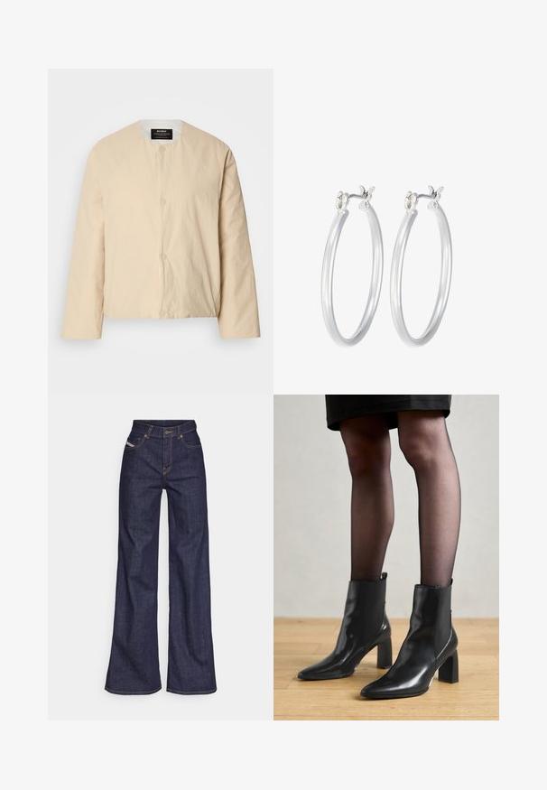 Bežs, viegls bomber žakets ar apaļu kakla izgriezumu, diviem priekšējiem pogu aizdariem un nedaudz teksturētu audumu. Minimalistisks dizains.; Jūras flotes turtlenecks ar gariem piedurknēm. Izgatavots no mīksta auduma ar gludu tekstūru. Iezīmēts ar pieguļošu dizainu un augstu apkakli bez redzamām šuvēm.; Tumši zili platleņķa džinsi no denima auduma ar augstu jostasvietu, ar oranžām šuvēm, piecu kabatu dizainu un pogu aizdari.; Melni ādas potīšu zābaki ar izdilušu purngala formu, masīvu kvadrātveida papēdi un elegantu dizainu. Iekļautas elastīgas sānu paneļi, kas nodrošina ērtu uzvilkšanu.; Sudraba riņķveida auss gredzeni ar gludu, pulētu apdari. Apaļa forma un drošs klikšķa augšējais slēgums. Viegls dizains, kas piemērots ikdienas valkāšanai.