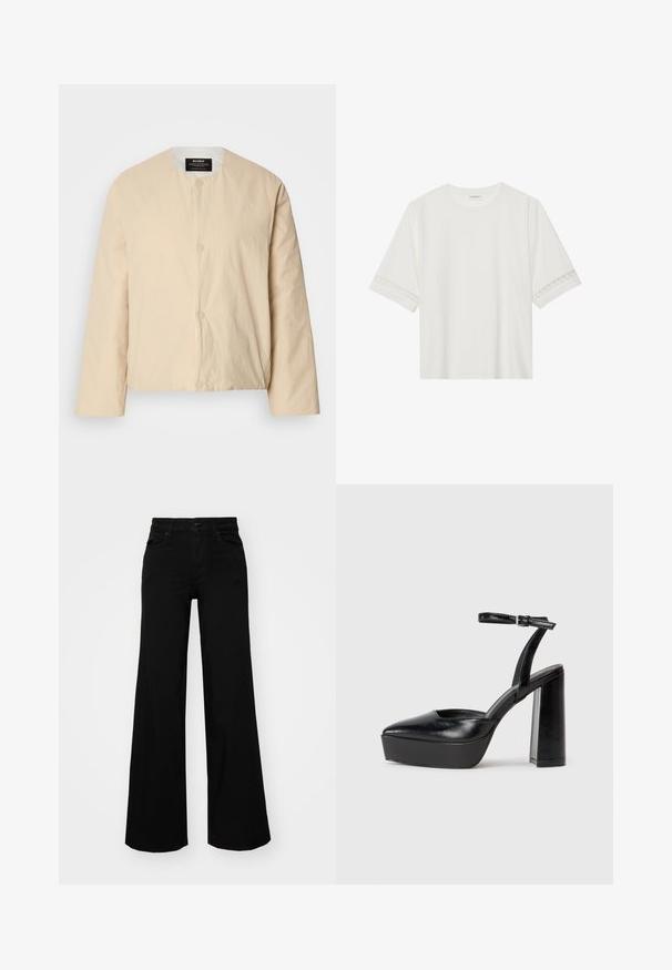 Casaco bomber leve em bege, com gola redonda, dois fechos frontais com botão e um tecido ligeiramente texturizado. Design minimalista.; T-shirt branco de manga curta feito de algodão, com bainha de renda decorativa nas mangas e decote redondo.; Calças largas pretas em denim, com uma cintura estruturada, passantes para cinto e bolsos frontais. Textura suave com um design clássico.; Saltos altos pretos com bico fino e atilho ajustável no tornozelo. Confeccionados em couro suave, apresentam um salto bloco robusto.
