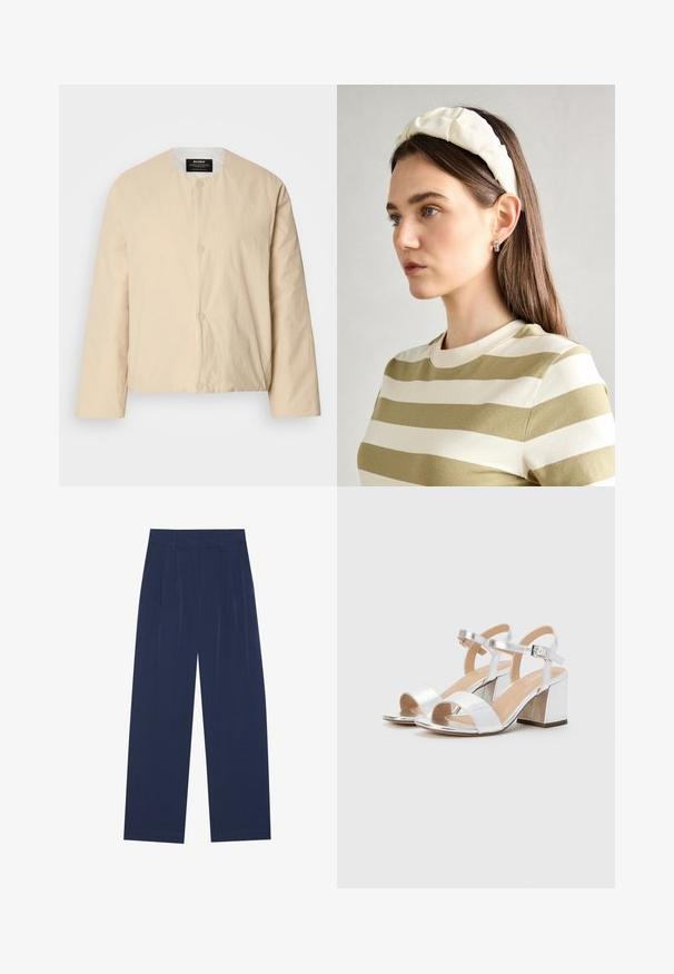 Jachetă bomber bej, ușoară, cu guler rotund, două închideri cu nasturi în față și un material ușor texturat. Design minimalist.; Tricou alb din bumbac, cu o croială relaxată, mâneci scurte și răsucite, guler rotund și o textură netedă. Design simplu, minimalist.; Pantaloni largi de culoare bleumarin, confecționați dintr-un material moale, cu pliseuri frontale, o textură netedă și o croială dreaptă, fără buzunare vizibile.; Sandale argintii cu toc înalt, cu vârful deschis, având două curele late și un toc pătrat rotunjit. Textură netedă cu finisaj metalic.; Bandă de cap din material moale, de culoare crem, cu un design răsucit, purtată alături de o bluză în dungi bej și albă, cu guler rotund. Accente discrete din bijuterii.