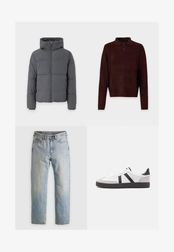 Grey padded jacket with a high collar and attached hood, featuring a front zipper, stitched sections for insulation, and elasticized cuffs.; Brown knitted pullover with a polo collar, three buttons at the neck, and long sleeves. Soft texture, ribbed cuffs, and hem.; Light blue denim jeans with high waist, front button, zipper, and five-pocket design, laid flat on a neutral background.; White sneaker with black and gray accents, featuring a textured gray toe cap, black rubber sole, and flat white laces. Clean design, minimalist style.