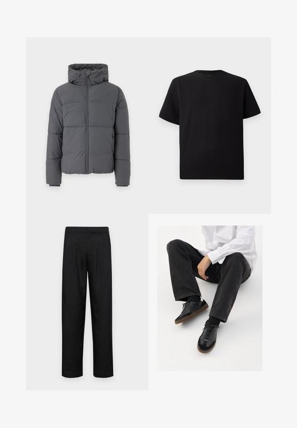 Graue gepolsterte Jacke mit hohem Kragen und angenommener Kapuze, ausgestattet mit einem Frontreißverschluss, genähten Abschnitten zur Isolierung und elastischen Manschetten.; Schwarzes Kurzarm-T-Shirt aus strukturiertem Stoff, mit einem Rundhalsausschnitt und einer lockeren Passform. Einfach, ohne Muster oder Akzente.; Schwarze Hose aus glattem Stoff, mit geradem Bein Design, zwei vorderen Falten und einem Standardbund mit Gürtelschlaufen.; Schwarze Sneakers mit einer glatten und strukturierten Oberfläche, ausgestattet mit einer Gummisohle und dunklen Schnürsenkeln. Kombiniert mit schwarzen Jeans und einem gestreiften weißen Hemd.