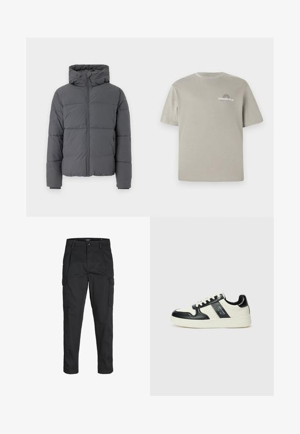 Grey padded jacket with a high collar and attached hood, featuring a front zipper, stitched sections for insulation, and elasticized cuffs.; Light gray cotton t-shirt with short sleeves, round neckline, and a small "ATHLETIC CLUB" graphic on the chest. Smooth texture.; Black cargo pants made of sturdy fabric, featuring multiple pockets, a button closure, and a slim fit design with tapered legs.; Leather sneakers with a black and cream color scheme, featuring perforated accents, a padded collar, and a textured outsole.