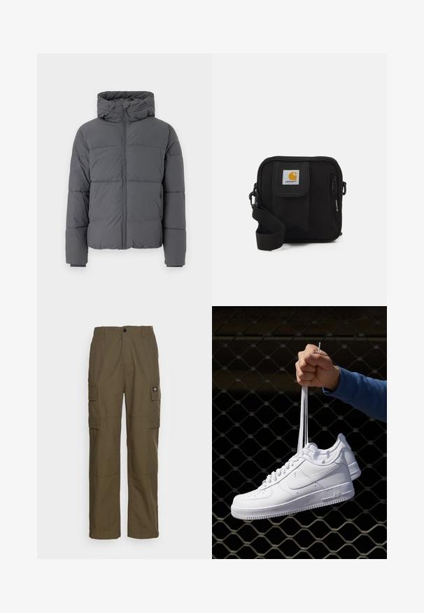 Veste matelassée grise avec un col haut et une capuche intégrée, dotée d'un zip avant, de sections cousues pour l'isolation et de poignets élastiqués.; T-shirt blanc à manches courtes en coton, avec un col rond et une texture lisse, à coupe droite et sans motifs.; Pantalons cargo en vert olive, fabriqués en tissu durable. Présentent deux poches latérales, une taille standard et une coupe droite.; Baskets en cuir blanc avec perforations, à bout rond, semelle plate et lacets épais, arborant un logo swoosh visible et "AIR" sur le talon.; Sac bandoulière noir avec un compartiment principal zippé, une poche frontale, une sangle ajustable et un patch logo visible sur le rabat.