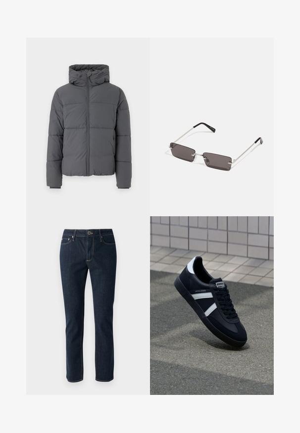 Grey padded jacket with a high collar and attached hood, featuring a front zipper, stitched sections for insulation, and elasticized cuffs.; White cotton t-shirt featuring short sleeves, crew neck, and a red graphic text "DELICIOUS REFRESHING FRUIT" on the front.; Dark blue denim jeans with a straight leg design, featuring a button closure, five pockets, and contrasting stitching. Smooth texture.; Black leather sneaker with white stripes, textured rubber sole, and lace-up front. Features a branded label on the tongue.; Sunglasses with rectangular, dark grey lenses, silver metal frames, and black plastic tips on the arms. Lightweight design with nose pads.