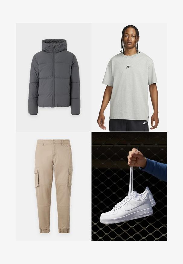 Siva podložena jakna z visokim ovratnikom in pritrjeno kapuco, ki ima sprednji zadrgo, šivane dele za izolacijo in elastične manšete.; Mlad človek z zasebnimi lasmi, oblečen v svetlo sivo majico Nike in črne kratke hlače Nike pred enostavno belo kuliso.; Bežne cargo hlače iz lahkega bombažnega materiala. Imajo elastične manšete, več stranskih žepov in gumbasto zapiranje.; Bela usnjena športna obutev s perforacijami, okroglo konico, ravnim podplatom in debelimi vezalkami, z vidnim logotipom smoosh in napisom "AIR" na peti.