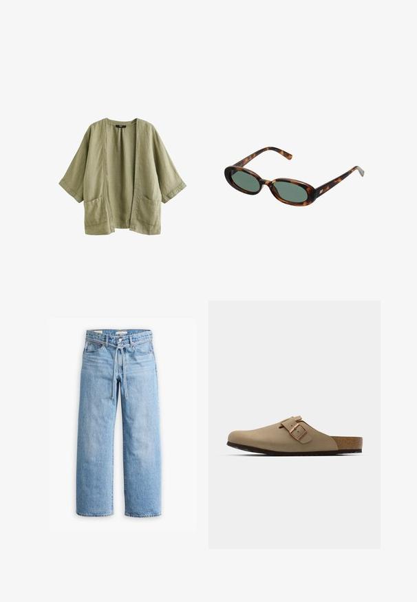 Next Poletna jakna - khaki green; Bela bluza z dolgimi rokavi z nabrano obrobo ob globokem V-izrezu, sprednjo zavezavo in širokimi rokavi, izdelana iz lahke prosojne tkanine.; Svetlo modri traper široki hlače z visokim pasom, z gumbom in zadrgo ter detajlom s povezanico v pasu. Neobdelan rob.; Bežna klompa z zaobljenim nosom, nastavljivim sponko in korčnim podplatom. Teksturirana površina s črnim gumijastim podplatom za oprijem.; Žirafne sončna očala z ovalnimi okvirji in zelenimi lečami. Imajo tanke ročice z metalnim poudarkom blizu tečajev.