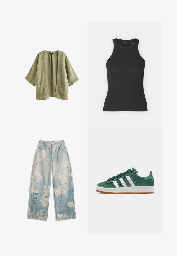 Next Nyári dzseki - khaki green; Fekete bordázott ujjatlan felső magas nyakkivágással. Jellemzője a formázott fazon és a puha textúra.; Világoskék, laza fazonú farmernadrág, kopott hatással és absztrakt mintákkal, színes, drágakőhöz hasonló díszítésekkel.; Zöld nubuk sportcipő fehér bőr csíkokkal, gumitalppal, párnázott nyakkal és minimalista dizájnnal. Oldalán márkázással.