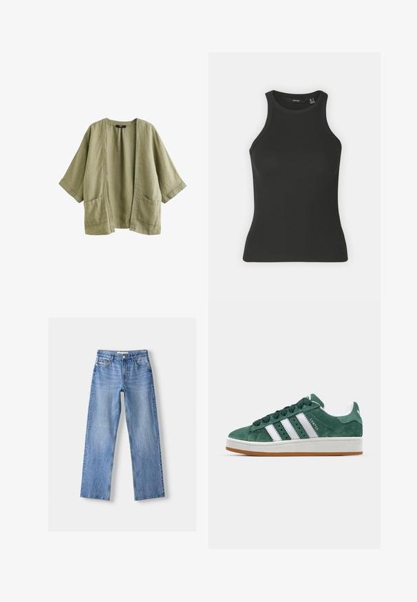 Next Let jakke / Sommerjakker - khaki green; Sort ribbet tanktop med høj halsudskæring og ærmeløs design. Har en tætsiddende silhuet og blød tekstur.; Lysblå denim jeans med lige ben design, der har fem lommer, en frontknaplukning og subtil falmning for tekstur.; Grønne ruskinds sneakers med hvide læderstriber, gummisål, polstret krave og minimalistisk design. Har branding på siden.