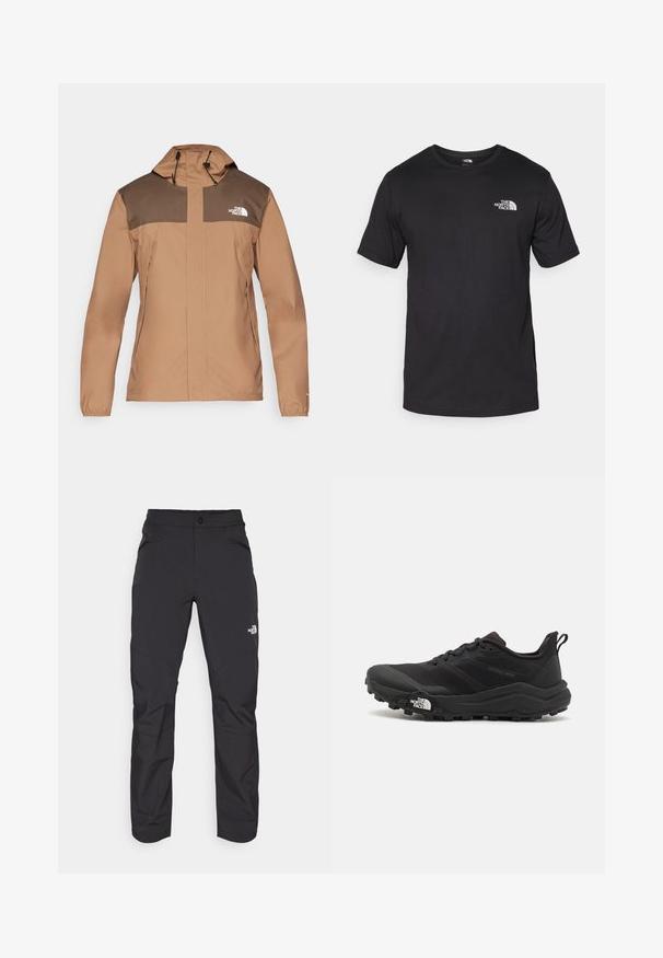 Brūna ūdensizturīga jaka ar tumšāku brūnu augšējo daļu, regulējamu kapuci, ar rāvējslēdzējiem aizveramas kabatas un elastīgiem aproces. Iezīmēta ar logo uz krūtīm.; Melna īsām piedurknēm T-krekls, kas izgatavots no kokvilnas, ar apaļu dekoltē un nelielu baltu logotipu augšējā kreisajā krūtīs.; Melnas āra bikses ar rāvējslēdzēju priekšējā kabatā, sintētisks materiāls, sašaurinātas kājas un pastiprinātas ceļa paneļi. Iespējams, ar pogas aizdari.; Melnas taku skriešanas kurpes ar teksturētu virsu, gumijas zoli un pastiprinātu pirkstu daļu. Aprīkotas ar mīkstu apkakli un vilkšanas cilpu, lai viegli uzvilktu.