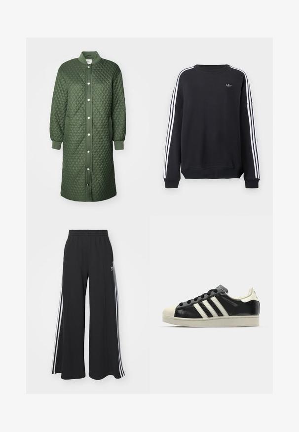 Pikowana zielona kurtka z zapięciem na zatrzaski, prążkowanymi mankietami i bocznymi kieszeniami; ma diamentowy wzór i długość do kolan.; Czarna bluza z długimi rękawami, białe paski biegnące wzdłuż każdego ramienia oraz małe szare logo na piersi. Materiał bawełniany, swobodny krój.; Czarne szerokie spodnie dresowe z elastycznym pasem, z białymi paskami po bokach i haftowanym logo na lewej udzie.; Czarne skórzane trampki z białymi paskami, gumowym czubkiem, czarnymi sznurówkami i kremową podeszwą. Gładka faktura z połyskującym wykończeniem.