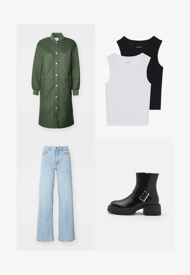 Izšūta zaļa jaka ar sprādžu aizdari, ribotām piedurknēm un sānu kabatām; ar dimanta rakstu un līdz ceļiem garu dizainu.; Divas bez piedurknēm melnbaltā krāsā, izgatavotas no ribotu kokvilnas, ar apaļām kakla izgriezumiem un pieguļošu dizainu. Uz abām ir redzami etiķetes.; Gaiši zili platajie džinsi, izgatavoti no denima. Iespējas augsta josta, priekšējā pogu aizdare un divas kabatas. Gluda tekstūra ar maigu nodilumu.; Melni ādas potīšu zābaki ar blokveida papēdi, kurus rotā dekoratīvs siksniņa un sprādze, teksturēta zoli un gluda apdare.