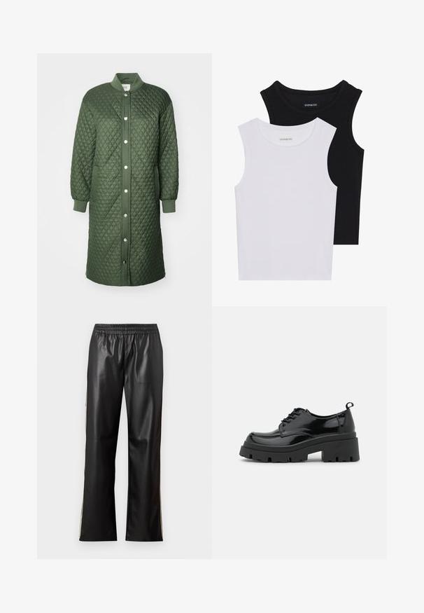 Žalsvas, megztinis paltas su mygtukų sagtimi priekyje, raštuotomis rankovėmis ir šoninėmis kišenėmis; turi rombų raštą ir kelių ilgio dizainą.; Du kamščių be rankovių juodos ir baltos spalvų, pagaminti iš banguoto medvilnės, su apvaliais kaklo iškirpimais ir priglundančiu siluetu. Matomi etiketės abiejuose.; Juodos dirbtinės odos kelnės su elastinga juosmens juosta, tiesių kojų dizainu ir kontrastingomisšoninėmis juostomis. Lygi tekstūra ir minimalistinis stilius.; Juodos lakinės odos bateliai su storu platformos padu ir storomis raištelėmis. Suapvalinta nosis, minimalus dekoravimas ir mažas kulno žymeklis nugaros pusėje.