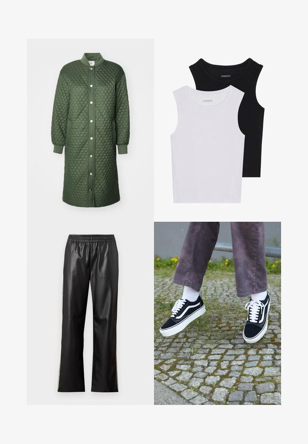 Quiltet grønn frakk med trykknappfeste foran, ribbestrikkede mansjetter og sidelommer; har diamantmønster og lengde til kne.; To skjortetopper uten ermer i svart og hvitt, laget av ribbestrikket bomull, med rund hals og en tettsittende design. Merker synlige på begge.; Sorte faux skinnbukser med elastisk midje, rett ben-design, og kontrasterende sidestroker. Glatt tekstur og minimalistisk stil.; Svarte semskede joggesko med hvite detaljer, med rund tå, tykk hvit såle og klassisk snøring, båret med hvite sokker og lilla bukser.