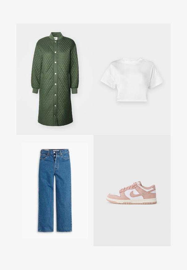 Tikk-kirpak roheline jakk nööpide ja tõmblukuga ees, soonikkätked ja küljetaskud; sisaldab rombimustrit ja põlve pikkust disaini.; Valge lühikeste varrukatega puuvillane lühikeste varrukatega t-särk. Ümara kaelusega, sileda tekstuuriga, juhuslik disain ilma mustrite ja kaunistusteta.; Sinine denim sirgeda pükste talu kõrge vöökoht, viie taskuga disain ja nööbiga sulgemine. Silmapaistvad õmblused ja vase tooni nurgad.; Tenistijal on pehme roosa suede ülemine osa, valged nahkpaneelid ja tekstureeritud kummitald. Kõrge kvaliteediga swoosh logo külgedel, nööridega disain.