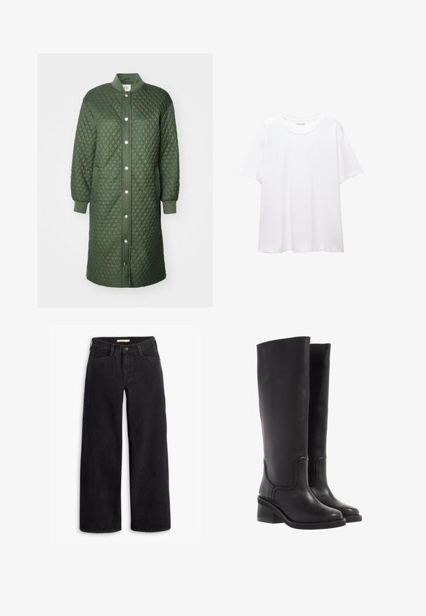 Zeleni kaput s kvadratnim uzorkom, s prednjim zatvaranjem na dugmad, rebrastim manžetama i bočnim džepovima; sadrži dijamantni uzorak i dizajn do koljena.; Obična bijela majica od pamuka s okruglim izrezom, kratkim rukavima i ležernim krojem. Glatka tekstura bez uzoraka ili dodataka.; Crne traperice sa širokim nogavicama. Imaju visoki struk, prednje džepove i patentni zatvarač s dugmetom. Glatka tekstura.; Crne kožne čizme do koljena s glatkom teksturom, okruglim vrhom i debelim petama. Imaju suptilne šavove i elegantan dizajn.